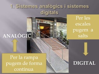 Per la rampa
pugem de forma
contínua.
Per les
escales
pugem a
saltsANALÒGIC
DIGITAL
 