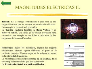 MAGNITUDES ELÉCTRICAS II. Al  índice Tensión . Es la energía comunicada a cada una de las cargas eléctricas que se mueven en un circuito eléctrico. Esta energía la comunica el generador. La Tensión eléctrica   también se llama Voltaje y se mide en voltios . Un voltio es la tensión necesaria para comunicar una energía de un Julio a cada una de las cargas que forman un Culombio. Resistencia . Todos los materiales, incluso los mejores conductores, ofrecen alguna dificultad al paso de la corriente eléctrica. Cuanto mayor es la resistencia, menor es la intensidad de corriente.  La resistencia de un cuerpo depende de su longitud, de su sección y del material del que esté construido.  La Resistencia eléctrica se mide en Ohmios. 