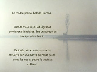 La  madre pálida, helada, llorona.  Cuando vio al hijo, las lágrimas  corrieron silenciosas, fue un abrazo de desesperado silencio.  Después, vio el cuerpo sereno envuelto por una manta de rosas rojas,   como las que al padre le gustaba  cultivar. 