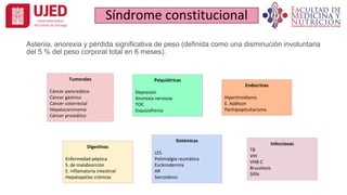 Síndrome constitucional
Astenia, anorexia y pérdida significativa de peso (definida como una disminución involuntaria
del 5 % del peso corporal total en 6 meses).
Tumorales
Cáncer pancreático
Cáncer gástrico
Cáncer colorrectal
Hepatocarcinoma
Cáncer prostático
Digestivas
Enfermedad péptica
S. de malabsorción
E. inflamatoria intestinal
Hepatopatías crónicas
Psiquiátricas
Depresión
Anorexia nerviosa
TOC
Esquizofrenia
Sistémicas
LES
Polimialgia reumática
Esclerodermia
AR
Sarcoidosis
Endocrinas
Hipertiroidismo
E. Addison
Panhipopituitarismo
Infecciosas
TB
VIH
VHB-C
Brucelosis
Sifils
 