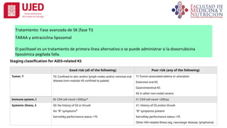 Tratamiento: Fase avanzada de SK (fase TI)
TARAA y antraciclina liposomal
El paclitaxel es un tratamiento de primera línea alternativo o se puede administrar si la doxorrubicina
liposómica pegilada falla.
 