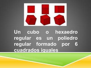 Un cubo o hexaedro
regular es un poliedro
regular formado por 6
cuadrados iguales