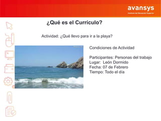 ¿Qué es el Currículo?
Actividad: ¿Qué llevo para ir a la playa?
Condiciones de Actividad

Participantes: Personas del trabajo
Lugar: León Dormido
Fecha: 07 de Febrero
Tiempo: Todo el día

 