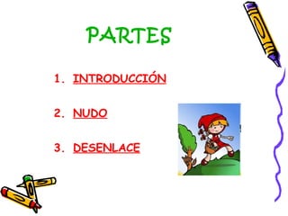 PARTES
1. INTRODUCCIÓN
2. NUDO
3. DESENLACE
 