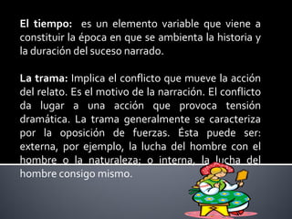 El tiempo: es un elemento variable que viene a
constituir la época en que se ambienta la historia y
la duración del suceso narrado.

La trama: Implica el conflicto que mueve la acción
del relato. Es el motivo de la narración. El conflicto
da lugar a una acción que provoca tensión
dramática. La trama generalmente se caracteriza
por la oposición de fuerzas. Ésta puede ser:
externa, por ejemplo, la lucha del hombre con el
hombre o la naturaleza; o interna, la lucha del
hombre consigo mismo.
 