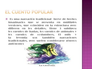 El cuento popular  Es una narración tradicional  breve de hechos imaginarios que se presenta en múltiples versiones, que coinciden en la estructura pero difieren en los detalles. Tiene 3 subtipos: los cuentos de hadas, los cuentos de animales y los cuentos de costumbres. El mito y la leyenda son también narraciones tradicionales, pero suelen considerarse géneros autónomos