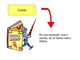 Cuento Es una narración, oral o escrita, de un hecho real o ficticio. 