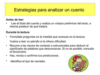Estrategias para analizar un cuento   Antes de leer Lee el título del cuento y realiza un vistazo preliminar del texto, e intenta predecir de qué tratará. Durante la lectura   Formúlate preguntas en la medida que avanzas en la lectura. Vuelve a leer un párrafo si te ofrece dificultad.   Recurre a las claves de contexto o estructurales para deducir el significado de palabras que desconozcas. Si no es posible, consulta el diccionario. Haz, revisa o confirma tus predicciones. Identifica el tipo de narrador.   