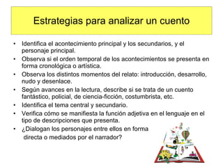 Estrategias para analizar un cuento Identifica el acontecimiento principal y los secundarios, y el personaje principal. Observa si el orden temporal de los acontecimientos se presenta en forma cronológica o artística. Observa los distintos momentos del relato: introducción, desarrollo, nudo y desenlace. Según avances en la lectura, describe si se trata de un cuento fantástico, policial, de ciencia-ficción, costumbrista, etc.  Identifica el tema central y secundario. Verifica cómo se manifiesta la función adjetiva en el lenguaje en el tipo de descripciones que presenta. ¿Dialogan los personajes entre ellos en forma directa o mediados por el narrador?  