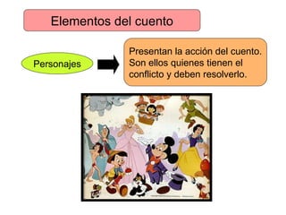 Elementos del cuento Personajes Presentan la acción del cuento. Son ellos quienes tienen el  conflicto y deben resolverlo. 