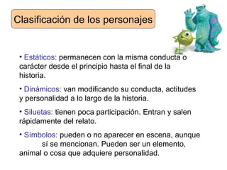 Clasificación de los personajes Estáticos:  permanecen con la misma conducta o  carácter desde el principio hasta el final de la  historia. Dinámicos:  van modificando su conducta, actitudes  y personalidad a lo largo de la historia. Siluetas:  tienen poca participación. Entran y salen  rápidamente del relato. Símbolos:  pueden o no aparecer en escena, aunque  sí se mencionan. Pueden ser un elemento,  animal o cosa que adquiere personalidad. 