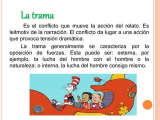 La trama
Es el conflicto que mueve la acción del relato. Es
leitmotiv de la narración. El conflicto da lugar a una acción
que provoca tensión dramática.
La trama generalmente se caracteriza por la
oposición de fuerzas. Ésta puede ser: externa, por
ejemplo, la lucha del hombre con el hombre o la
naturaleza; o interna, la lucha del hombre consigo mismo.
 