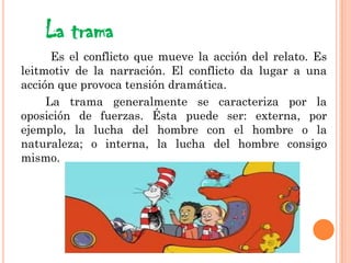 La trama
Es el conflicto que mueve la acción del relato. Es
leitmotiv de la narración. El conflicto da lugar a una
acción que provoca tensión dramática.
La trama generalmente se caracteriza por la
oposición de fuerzas. Ésta puede ser: externa, por
ejemplo, la lucha del hombre con el hombre o la
naturaleza; o interna, la lucha del hombre consigo
mismo.
 