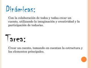 Dinámicas:
Con la colaboración de todos y todas crear un
cuento, utilizando la imaginación y creatividad y la
participación de todos/as.
Tarea:
Crear un cuento, tomando en cuentan la estructura y
los elementos principales.
 