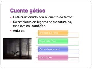  Está relacionado con el cuento de terror.
 Se ambienta en lugares sobrenaturales,
medievales, sombríos.
 Autores:
Sheridan Le Fanu
Edgar Allan Poe
Guy de Maupassant
Bram Stoker
 