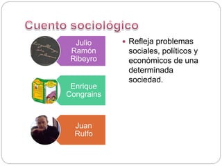 Julio
Ramón
Ribeyro
Enrique
Congrains
Juan
Rulfo
 Refleja problemas
sociales, políticos y
económicos de una
determinada
sociedad.
 