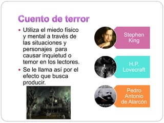  Utiliza el miedo físico
y mental a través de
las situaciones y
personajes para
causar inquietud o
temor en los lectores.
 Se le llama así por el
efecto que busca
producir.
Stephen
King
H.P.
Lovecraft
Pedro
Antonio
de Alarcón
 