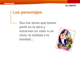 Son los seres que toman
parte en la obra y
encarnan un valor o un
vicio: la maldad o la
bondad...
EL CUENTOEL CUENTO

Los...