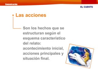 Son los hechos que se
estructuran según el
esquema característico
del relato:
acontecimiento inicial,
acciones principales y
situación final.
EL CUENTOEL CUENTO

Las acciones
 