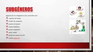 SUBGÉNEROS 
algunos de los subgéneros mas conocidos son: 
 
cuentos de hadas 
 
cuento de suspenso 
 
cuento de humor 
 
cuento histórico 
 
cuento romántico 
 
micro relato 
 
cuento de ciencia ficción 
 
cuento policiaco 
 