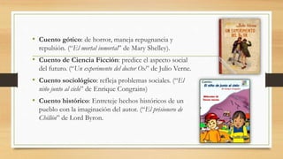 • Cuento gótico: de horror, maneja repugnancia y
repulsión. (“El mortal inmortal” de Mary Shelley).
• Cuento de Ciencia Ficción: predice el aspecto social
del futuro. (“Un experimento del doctor Ox” de Julio Verne.
• Cuento sociológico: refleja problemas sociales. (“El
niño junto al cielo” de Enrique Congrains)
• Cuento histórico: Entreteje hechos históricos de un
pueblo con la imaginación del autor. (“El prisionero de
Chillón” de Lord Byron.
 