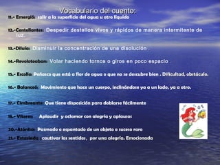 Vocabulario del cuento:Vocabulario del cuento:
11.- Emergió: salir a la superficie del agua u otro líquido
12.-Centellantes: Despedir destellos vivos y rápidos de manera intermitente de
luz.
13.-Diluía: Disminuir la concentración de una disolución ..
14.-Revoloteaban: Volar haciendo tornos o giros en poco espacio ..
15.- Escollo: Peñasco que está a flor de agua o que no se descubre bien . Dificultad, obstáculo.. Dificultad, obstáculo.
16.- Balanceó: Movimiento que hace un cuerpo, inclinándose ya a un lado, ya a otro.
17.- Cimbreante: Que tiene disposición para doblarse fácilmente
18.- Vítores: Aplaudir y aclamar con alegría y aplausos
20.-Atónita: Pasmado o espantado de un objeto o suceso raro
21.- Extasiada : cautivar los sentidos,, por una alegría. Emocionadapor una alegría. Emocionada
 