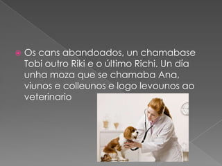    Os cans abandoados, un chamabase
    Tobi outro Riki e o último Richi. Un día
    unha moza que se chamaba Ana,
    viunos e colleunos e logo levounos ao
    veterinario
 