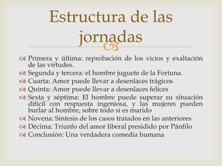 
 Primera y última: reprobación de los vicios y exaltación
de las virtudes.
 Segunda y tercera: el hombre juguete de la Fortuna.
 Cuarta: Amor puede llevar a desenlaces trágicos
 Quinta: Amor puede llevar a desenlaces felices
 Sexta y séptima: El hombre puede superar su situación
difícil con respuesta ingeniosa, y las mujeres pueden
burlar al hombre, sobre todo si es marido
 Novena: Síntesis de los casos tratados en las anteriores
 Décima: Triunfo del amor liberal presidido por Pánfilo
 Conclusión: Una verdadera comedia humana
Estructura de las
jornadas
 