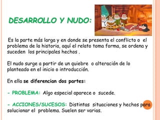 Es la parte más larga y en donde se presenta el conflicto o el
problema de la historia, aquí el relato toma forma, se ordena y
suceden los principales hechos .
El nudo surge a partir de un quiebre o alteración de lo
planteado en el inicio o introducción.
En ella se diferencian dos partes:
- PROBLEMA: Algo especial aparece o sucede.
- ACCIONES/SUCESOS: Distintas situaciones y hechos para
solucionar el problema. Suelen ser varias.
DESARROLLO Y NUDO:
 