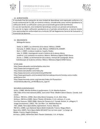 12. ACREDITACIÓN
El resultado final de evaluación de esta Unidad de Aprendizaje será expresado conforme a la
escala centesimal de 0 a 100, en números enteros, considerando como mínima aprobatoria la
calificación de 60. La calificación cuenta para el promedio general del bachillerato.
En caso de reprobación, esta Unidad de Aprendizaje contará con periodo extraordinario.
En caso de no lograr calificación aprobatoria en el periodo extraordinario, el alumno tendrá
otra oportunidad de conformidad con el artículo 33º del Reglamento General de Evaluación y
Promoción de Alumnos.


 13. BIBLIOGRAFÍA
     Bibliografía básica:

     Dallal, A. (2007). Los elementos de la danza. México: UNAM.
     Garaudy, R. (2003). Danzar su vida. México: CONACULTA, CENART.
     Baril, J. (1987). La danza moderna. España: Paidos.
     Islas, H. (2006). Investigación social e histórica de la danza clásica,
     moderna y en contextos no escénico. México: Biblioteca Digital CENDI-Danza.
     Duran, L. (2006). La Humanización de la danza, manual del coreógrafo, danza.
    Caleidoscopio de la forma artística. México: Biblioteca Digital CENDI-Danza.

 SITIOS WEB
 http://www.abcpedia.com/arte/bellas-artes.htm
 http://www.dancemagazine.com/
 http://www.danzaballet.com/index.php
 http://www.danzanet.com/content/view/878/239/
 http://www.gestiopolis.com/canales6/mkt/mercadeopuntocom/revistas-como-medio-
 publicitario.htm
 http://www.kennedy-center.org/calendar/index.cfm?fuseaction=
 showIndividual&entity_id=4919&source_type=A


RECURSOS AUDIOVISUALES
Kultur. (1988). Martha Graham In performance. E.U.A. Martha Graham.
CBC-Video Artist International.(2002). José Limón Three Modern Dance Classics. Canada. José
Limón.
ArtHaus –RM Arts. (1990). Alvin Ailey Dance Company. E.U.A. Alvin Ailey.
ArtHaus –RM Arts.(1989). Dance Theater Of Harlem. E.U.A. Johnson, V. y cols.
First Run features. (2003-2008). Dance for Camera 1y 2. Canadá. Broom, A. y Magnin, P.
Image Entretaiment. (2001). The Car Man. U.K. Matthew Bourne.
TDK. (2004). Paris Opera Ballet, Apartament. Francia. Mats Ek.
RM Arts. (1989). Lyon National Opera Ballet Cinderella. Francia. Maguy Marin.
Opus Arte. (2007). Paris Opera Ballet MC14/22”ceci est mon corps”. Le Songe de
Médée. Francia. Angelin Preljocaj.
Art Haus. (2005). Netherlans Dans Theater Celebrates. U.K. Jiri Kylian.



                                                                                               6
 