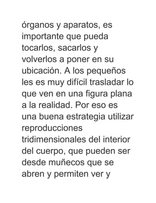 órganos y aparatos, es
importante que pueda
tocarlos, sacarlos y
volverlos a poner en su
ubicación. A los pequeños
les es muy difícil trasladar lo
que ven en una figura plana
a la realidad. Por eso es
una buena estrategia utilizar
reproducciones
tridimensionales del interior
del cuerpo, que pueden ser
desde muñecos que se
abren y permiten ver y
 