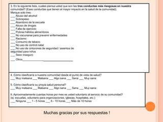 3. En la siguiente lista, cuales piensa usted que son las tres conductas más riesgosas en nuestracomunidad? (Esas conductas que tienen el mayor impacto en la salud de la comunidad).Marque solo tres:___ Abuso del alcohol___ Sobrepeso___ Abandono de la escuela___ Abuso de drogas___ Falta de ejercicio___ Pobres hábitos alimenticios___ No vacunarse para prevenir enfermedades___ Racismo___ Consumo de tabaco___ No uso de control natal___ No uso de cinturones de seguridad / asientos deseguridad para niños___ Sexo inseguro___ Otros___________________________4. Cómo clasificaría a nuestra comunidad desde el punto de vista de salud?___ Muy malsana ___ Malsana ___ Algo sana ___ Sana ___ Muy sana5. Cómo clasificaría su propia salud personal?___ Muy malsana ___ Malsana ___ Algo sana ___ Sana ___ Muy sana6. Aproximadamente cuantas horas por mes es usted voluntario al servicio de su comunidad?(ej: escuelas, voluntario para organizaciones, iglesias, hospitales, etc.)___ Ninguna ___ 1 - 5 horas ___ 6 - 10 horas ___ Más de 10 horasMuchas gracias por sus respuestas !