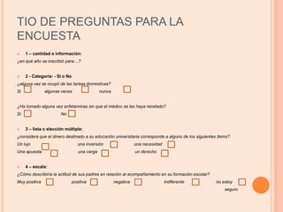 TIO DE PREGUNTAS PARA LA ENCUESTA1 – cantidad o información: ¿en qué año se inscribió para…?2 - Categoría: - Si o No¿alguna vez se ocupó de las tareas domésticas?Si                    algunas veces                       nunca¿Ha tomado alguna vez anfetaminas sin que el médico se las haya recetado?Si                                  No3 – lista o elección múltiple:¿considera que el dinero destinado a su educación universitaria corresponde a alguno de los siguientes items?Un lujo                                        una inversión                          una necesidadUna apuesta                               una carga                                un derecho4 – escala:¿Cómo describiría la actitud de sus padres en relación al acompañamiento en su formación escolar?Muy positiva                          positiva                       negativa                             indiferente                           no estoy                                                                                                                                                                                                                                                        seguro