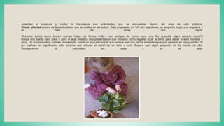 Aprender a observar y cuidar la naturaleza son actividades que se encuentran dentro del área de vida práctica.
Cuidar plantas es otra de las actividades que se realiza en las aulas. Deja preparado un “kit” con algodones, un pequeño trapo, una regadera y
un bote de spray con agua.
Observar juntos como brotan nuevas hojas, su forma, brillo… ser testigos de como nace una flor (¿tenéis algún geranio cerca?)
Busca una planta para casa o para el aula. Realiza una presentación que muestre como regarla: tocar la tierra para saber si está húmeda y
seca. Si son pequeños puedes por ejemplo, poner un pequeño cartel que indique que una planta necesita agua (por ejemplo en rojo y verde). Si
les explicas su significado, sólo tendrás que colocar el cartel de un lado u otro. Seguro que algún pequeño se da cuenta de ello.
Recuperemos la naturaleza en casa y en el aula.
 