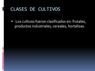 CLASES DE CULTIVOS

 Los cultivos fueron clasificados en: frutales,
  productos industriales, cereales, hortalizas.
 