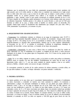 Sabíamos que la producción de yuca había ido aumentando progresivamente desde mediados del
siglo pasado, pero en la tabla anterior se refleja cómo se mantiene esta tendencia en el siglo actual.
Esto se debe entre otras cosas a que se trata de un cultivo que se adapta a suelos pobres o tierras
marginales donde no se pueden producir otros cultivos y no requiere de muchos fertilizantes,
plaguicidas o agua. Además, como la yuca puede recolectarse en cualquier momento de los 8 a los
24 meses después de ser plantada, puede permanecer en el terreno como defensa contra una escasez
de alimentos inesperada. También gracias a los planes de acción llevados a cabo por la FAO para
fomentar el cultivo de la yuca, y luchar contra el hambre en muchos países en desarrollo. Por
ejemplo, Ghana logró reducir la desnutrición más rápidamente que cualquier otro país entre 1980 y
1996, aumentando la producción y el consumo de yuca.
4.- REQUERIMIENTOS EDAFOCLIMÁTICO
- Temperatura: Los rendimientos máximos se obtienen en un rango de temperatura entre 25-29º C,
siempre que haya humedad disponible suficiente en el periodo de crecimiento. Aunque puede tolerar
el rango 16-38º C. Por debajo de los 16º C el crecimiento se detiene. Por este motivo en los climas
tropicales-húmedos se alcanzan altas productividades, mientras que en otras regiones subtropicales,
al descender de los 16º C se paraliza el crecimiento. Conforme la temperatura disminuye el
desarrollo del área foliar se hace más lento, y el tamaño de las hojas más pequeño.
- Luminosidad y fotoperiodo: La yuca crece y florece bien en condiciones de plena luz, siendo un
factor importante de cara al rendimiento de la planta. La longitud del día afecta a varios procesos
fisiológicos de la planta. Es una planta típica de fotoperiodo corto: 10-12 horas de luz, propio de las
regiones tropicales.
- Suelo: No es un cultivo exigente en cuanto a suelo, se da desde en suelos muy pobres en elementos
nutritivos hasta en aquellos con una alta fertilidad. Preferiblemente los suelos han de tener un pH
ligeramente ácido, entre 6 y 7, con una cierta cantidad de materia orgánica y han se ser sueltos,
porosos y friables, evitando suelos con excesos de agua o desérticos.
Es conveniente controlar la erosión de los suelos arenosos de sabana expuestos a erosión eólica, en
los que debe realizarse el cultivo en franjas alternadas con pastos naturales o artificiales.
5.- MEJORA GENÉTICA
La mejora genética en la yuca tiene que ir encaminada fundamentalmente a aumentar el rendimiento
en raíces reservantes y contenido en materia seca total, aumentar la calidad y la resistencia a
enfermedades y plagas. Un adecuado rendimiento se obtiene con una planta que pueda cultivarse a
distancias cortas y que a la vez haga un eficiente uso de la luz. Debe tener un tallo vigoroso, así
como con una ramificación a partir de 1 m. Índice de área foliar óptimo, en torno a 3,5; ramas con
entrenudos cortos; de 8 a 10 raíces reservantes por planta; hojas con posición vertical que permitan
un mayor captación de la luz por la parte baja de la planta, etc. Para mejorar la calidad hay que tener
en cuenta el destino de la cosecha. Puede dirigirse al consumo humano, en el que se utiliza cocida,
procesada o en forma de harina; o bien al consumo animal. En el caso de utilizarse sin procesamiento
industrial, el contenido en HCN no debe ser superior a 100-200 µg/g de peso fresco de raíz. En
 