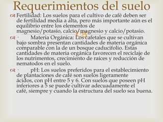 
 Fertilidad: Los suelos para el cultivo de café deben ser
de fertilidad media a alta, pero más importante aún es el
equilibrio entre los elementos de
magnesio/potasio, calcio/magnesio y calcio/potasio.
 · Materia Orgánica: Los cafetales que se cultivan
bajo sombra presentan cantidades de materia orgánica
comparable con la de un bosque caducifolio. Estas
cantidades de materia orgánica favorecen el reciclaje de
los nutrimentos, crecimiento de raíces y reducción de
nematodos en el suelo.
 · pH: Los suelos preferidos para el establecimiento
de plantaciones de café son suelos ligeramente
ácidos, con pH entre 5 y 6. Con suelos que poseen pH
inferiores a 5 se puede cultivar adecuadamente el
café, siempre y cuando la estructura del suelo sea buena.
Requerimientos del suelo
 