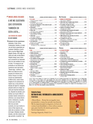 Comisario de las exposiciones
dedicadas a Tesla, Verne,
Frankenstein, Houdini y La baila-
rina del futuro organizadas por
Fundación Telefónica, el perio-
dista y escritor Miguel Ángel
Delgado (Oviedo, 1971) elige Las
chicas del radio, de Kate Moore
(Capitán Swing) como el libro
que le encantaría ver destacado
entre los más vendidos de nues-
tra lista. Y lo escoge por que
profundiza en una historia tan
asombrosa como aterradora.
“Desde luego –confirma–, Kate
Moore nos habla de la letra
pequeña de la historia de la
ciencia. Porque si no todos
conocen los padecimientos
de Marie Curie, mucho menos
imaginan los de centenares de
mujeres que, en las primeras
décadas del siglo XX, trabajaban
pintando esferas de relojes con
radio para hacerlas luminiscen-
tes, chupando los pinceles y pin-
tándose con él para brillar en
sociedad. Cuando comenzaron a
enfermar y sus cuerpos literal-
mente a deshacerse, sus jefes
miraron para otro lado.
Sólo tras una lucha
constante, de la que muchas no
vieron el final, lograron que
nadie más se asomara a la boca
del dragón. Olvidadas durante
décadas, este libro intenta hacer
algo parecido a la justicia”.
«Maravilloso… Roma fue un jugador muy
prometedor y nunca ha narrado esta historia.
Me ha impresionado la elegancia a la hora de
contar, la profundidad, y cómo enfoca asuntos
que, para muchos de nuestra generación,
fueron importantes.»
Valentín Roma
RETRATO DEL FUTBOLISTA ADOLESCENTE
PERIFÉRICA
Santiago Segurola, Onda Cero
ALBACETE: Herso ALMERÍA: Picasso ÁVILA: Letras BADAJOZ: Universitas BARCELONA: La Central, Casa del Libro BILBAO: Casa del Libro CASTELLÓN: Plácido Gómez
CÓRDOBA: Luque LA CORUÑA: Arenas CUENCA: Juan Evangelio GERONA: Geli GRANADA: Continental GUADALAJARA: Cobos HUELVA: Saltés JAÉN: Metrópolis
LEÓN: Pastor LOGROÑO: Santos Ochoa MADRID: FNAC, Antonio Machado, Casa del Libro, El Corte Inglés MÁLAGA: Rayuela MURCIA: Diego Marín OVIEDO: Cervantes
PALENCIA: Librería del Burgo PALMA: Biblioteca de Babel LAS PALMAS: Canaima PAMPLONA: Universitaria SALAMANCA: Letras corsarias SANTA CRUZ DE TENERIFE: La
Isla. SANTANDER: Estudio SAN SEBASTIÁN: Lagun SEGOVIA: Intempestivos SEVILLA: Casa del Libro SORIA: Las Heras TERUEL: Senda VALENCIA: París-Valencia VALLADOLID:
Oletvm ZAMORA: Pya. POESÍA: Visor, Hiperión, La Central, Casa del Libro.
MIGUEL ÁNGEL DELGADO
1. YO, JULIA . . . . . . . . . . . . . . . . . . . . . . . . . . . . . . .1/18
Santiago Posteguillo. PLANETA
2. La frontera . . . . . . . . . . . . . . . . . . . . . . . . . . . . . -/1
Don Winslow. HARPER COLLINS
3. Las guerreras Maxwell, 5. Una prueba de amor . . . . 3/3
Megan Maxwell. ESENCIA
4. Serotonina . . . . . . . . . . . . . . . . . . . . . . . . . . . . . 2/9
Michel Houellebecq. ANAGRAMA
5. Reina roja . . . . . . . . . . . . . . . . . . . . . . . . . . . . . 7/19
Juan Gómez-Jurado. EDICIONES B
6. Los crímenes de Alicia . . . . . . . . . . . . . . . . . . . . . 5/4
Guillermo Martínez. DESTINO
7. Lluvia fina . . . . . . . . . . . . . . . . . . . . . . . . . . . . . -/1
Luis Landero. TUSQUETS
8. La cocinera de Castamar . . . . . . . . . . . . . . . . . . . 4/2
Fernando J. Múñez. PLANETA
9. Los asquerosos . . . . . . . . . . . . . . . . . . . . . . . . . 6/10
Santiago Lorenzo. BLACKIE BOOKS
10. Lucía en la noche . . . . . . . . . . . . . . . . . . . . . . . . 9/2
Juan Manuel de Prada. ESPASA CALPE
FICCIÓN (SEMANA ANTERIOR/SEMANAS EN LISTA)
1. 1984 . . . . . . . . . . . . . . . . . . . . . . . . . . . . . . . . . . . . . . . 1/101
George Orwell. DEBOLSILLO
2. Fuimos canciones. . . . . . . . . . . . . . . . . . . . . . . . . 2/6
Elísabet Benavent. DEBOLSILLO
3. Siempre te encontraré . . . . . . . . . . . . . . . . . . . . 10/2
Megan Maxwell. BOOKET
4. Los renglones torcidos de Dios . . . . . . . . . . . . . . . 3/21
Torcuato Luca de Tena. AUSTRAL
5. Una habitación propia . . . . . . . . . . . . . . . . . . . . . . . -/21
Virginia Woolf. AUSTRAL
6. Un mundo feliz . . . . . . . . . . . . . . . . . . . . . . . . . . . . 9/33
Aldous Huxley. DEBOLSILLO
7. Juego de tronos . . . . . . . . . . . . . . . . . . . . . . . . . . . 8/119
George R. R. Martin. GIGAMESH
8. 4321 . . . . . . . . . . . . . . . . . . . . . . . . . . . . . . . . . 7/4
Paul Auster. BOOKET
9. Una columna de fuego . . . . . . . . . . . . . . . . . . . . . . . . 5/7
Ken Follett. DEBOLSILLO
10. Forastera . . . . . . . . . . . . . . . . . . . . . . . . . . . . . . . . 6/3
Diana Gabaldon. SALAMANDRA
BOLSILLO (SEMANA ANTERIOR/SEMANAS EN LISTA)
A MÍ ME GUSTARÍA
QUE ESTUVIERA
TAMBIÉN EN
ESTA LISTA...
LAS CHICAS DEL RADIO
DE KATE MOORE
1. MANUAL DE RESISTENCIA . . . . . . . . . . . . . . . . . . . . 1/3
Pedro Sánchez. PENÍNSULA
2. Cómo hacer que te pasen cosas buenas . . . . . . . . . 2/14
Marian Rojas Estapé. ESPASA CALPE
3. Yo confieso. 45 años de espía . . . . . . . . . . . . . . . . .3/2
Fernando Rueda y Mikel Lejarzai. ROCA
4. Sapiens. De animales a dioses. . . . . . . . . . . . . . . .4/87
Yuval Noah Harari. DEBATE
5. Las 100 dudas más frecuentes del español . . . . . . . . . . -/1
Varios autores. ESPASA CALPE
6. Diccionario de las cosas que no supe explicarte . . . . 9/3
Risto Mejide. ESPASA CALPE
7. 1000 recetas de oro: 50 años de carrera . . . . . . . . 6/14
Karlos Arguiñano. PLANETA
8. La España en la que creo . . . . . . . . . . . . . . . . . . . . 7/3
Alfonso Guerra. LA ESFERA DE LOS LIBROS
9. La civilización en la mirada . . . . . . . . . . . . . . . . . . -/1
Mary Beard. CRÍTICA
10. La magia del orden . . . . . . . . . . . . . . . . . . . . . . 10/17
Marie Kondo. AGUILAR
NO FICCIÓN (SEMANA ANTERIOR/SEMANAS EN LISTA)
1. LA ESCALA DE MOHS . . . . . . . . . . . . . . . . . . . . . . . . . . 3/3
Gata Cattana. VISOR
2. Sempiterno. . . . . . . . . . . . . . . . . . . . . . . . . . . . . . . . 1/15
Defreds. ESPASA
3. Tu lado del sofá . . . . . . . . . . . . . . . . . . . . . . . . . . . . 4/17
Patricia Benito. AGUILAR
4. En esta noche, en este mundo . . . . . . . . . . . . . . . . . . -/11
Alejandra Pizarnik. LITERATURA RANDOM HOUSE
5. La soledad de un cuerpo acostumbrado a la herida . . -/47
Elvira Sastre. VISOR
6. Toda la felicidad del universo . . . . . . . . . . . . . . . . . . 5/13
César Brandon Ndjocu. ESPASA CALPE
7. Una primavera permanente . . . . . . . . . . . . . . . . . . . . -/1
Albanta San Román. ZENITH
8. Cuaderno de campo. . . . . . . . . . . . . . . . . . . . . . . . . . -/11
María Sánchez. LA BELLA VARSOVIA
9. Indomable. Diario de una chica en llamas. . . . . . . . . . 2/63
Srabebi. MONTENA
10. Cerca de cien. Antología poética . . . . . . . . . . . . . . . . 7/7
Ida Vitale. VISOR
POESÍA (SEMANA ANTERIOR/SEMANAS EN LISTA)
24 E L C U L T U R A L 1 5 - 3 - 2 0 1 9
L E T R A S L I B R O S M Á S V E N D I D O S
 