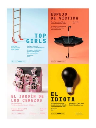 Producción
CDN
EL
IDIOTA
De Fiódor Dostoievski
Versión José Luis Collado
Dirección Gerardo Vera
20 febrero—7 abril 2019
Teatro María Guerrero
De Anton Chéjov
Versión y dirección Ernesto Caballero
8 febrero—31 marzo 2019
Teatro Valle-Inclán
Producción
CDN
EL JA RD ÍN DE
LOS CE R E Z O S
CENTRO
DRAMÁTICO
NACIONAL
Dirección CDN
Ernesto Caballero
cdn.mcu.es
@centrodramatico
entradasinaem.es
902224949
ESPEJO
DE VÍCTIMA
Texto Ignacio del Moral
Dirección Eduardo Vasco
20 marzo — 21 abril 2019
Teatro MaríaGuerrero
Sala de la Princesa
Producción
CDN
TOP
GIRLS
De Caryl Churchill
Dirección Juanfra Rodríguez
15 marzo – 21 abril 2019
Teatro Valle-Inclán
Sala Francisco Nieva
Producción
CDN
 