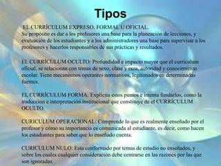 Tipos
EL CURRÍCULUM EXPRESO, FORMAL U OFICIAL.
Su propósito es dar a los profesores una base para la planeación de lecciones, y
evaluación de los estudiantes y a los administradores una base para supervisar a los
profesores y hacerlos responsables de sus prácticas y resultados.
EL CURRÍCULUM OCULTO: Profundidad e impacto mayor que el currículum
oficial, se relacionan con temas de sexo, clase y raza, autoridad y conocimiento
escolar. Tiene mecanismos operantes normativos, legitimados en determinadas
fuentes.
EL CURRÍCULUM FORMA: Explicita estos puntos e intenta fundarlos, como la
traducción e interpretación institucional que constituye de el CURRÍCULUM
OCULTO.
CURICULUM OPERACIONAL: Comprende lo que es realmente enseñado por el
profesor y cómo su importancia es comunicada al estudiante, es decir, como hacen
los estudiantes para saber que lo enseñado cuenta.
CURICULUM NULO: Esta conformado por temas de estudio no enseñados, y
sobre los cuales cualquier consideración debe centrarse en las razones por las que
son ignoradas.
 