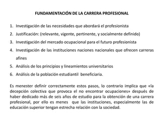 FUNDAMENTACIÓN DE LA CARRERA PROFESIONAL

1. Investigación de las necesidades que abordará el profesionista
2. Justificación: (relevante, vigente, pertinente, y socialmente definido)
3. Investigación del mercado ocupacional para el futuro profesionista
4. Investigación de las instituciones naciones nacionales que ofrecen carreras
   afines
5. Análisis de los principios y lineamientos universitarios
6. Análisis de la población estudiantil beneficiaria.

Es menester definir correctamente estos pasos, lo contrario implica que «la
decepción colectiva que provoca el no encontrar ocupaciones» después de
haber dedicado más de seis años de estudio para la obtención de una carrera
profesional, por ello es menes que las instituciones, especialmente las de
educación superior tengan estrecha relación con la sociedad.
 