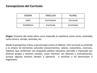 Concepciones del Currículo:

                  IDIOMA                SINGULAR                 PLURAL
                    Latín               Curriculum              Curriculo
                 Castellano              Currículo              Currículos



Origen: Proviene del verbo latino curro traducido al castellano como correr, entendido
como carrera, corrida, caminata, etc.

Desde la perspectiva crítica, cuyo principal centro es México, «Por currículo se entiende
a la síntesis de elementos culturales (conocimientos, valores, costumbres, creencias,
hábitos), que conforman una propuesta político educativa, pensada e impulsada por
diversos grupos y sectores sociales, cuyos intereses son diversos y contradictorios,
aunque algunos sectores tiendan a oponerse o resistirse a tal dominación o
hegemonía.
 