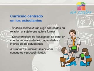 - Análisis sociocultural: elige contenidos en
relación al sujeto que quiere formar
- Características de los sujetos: se toma en
cuenta las necesidades, capacidades e
interés de los estudiantes
-Estructura curricular: seleccionar
conceptos y procedimientos
 