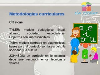 Clásicas

TYLER: modelo pedagógico lineal:
alumno,      sociedad,     especialistas.
Objetivos son imprescindibles.
TABA: modelo centrado en diagnósticos:
bases para el currículo son la escuela, la
sociedad y la cultura.
JOHNSON: un currículo en lo esencial
debe tener reconocimientos, técnicas y
valores.
 