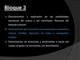 Bloque 3
   Descubrimiento       y   exploración   de   las   posibilidades
    expresivas del cuerpo y del movimiento. Recursos del
    lenguaje corporal.

   Sincronización del movimiento con pulsaciones y estructuras
    rítmicas sencillas. Ejecución de bailes y coreografías
    simples.

   Exteriorización de emociones y sentimientos a través del
    cuerpo, el gesto y el movimiento, con desinhibición.
 