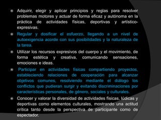    Adquirir, elegir y aplicar principios y reglas para resolver
    problemas motores y actuar de forma eficaz y autónoma en la
    práctica de actividades físicas, deportivas y artístico-
    expresivas.
   Regular y dosificar el esfuerzo, llegando a un nivel de
    autoexigencia acorde con sus posibilidades y la naturaleza de
    la tarea.
   Utilizar los recursos expresivos del cuerpo y el movimiento, de
    forma estética y creativa, comunicando sensaciones,
    emociones e ideas.
    Participar en actividades físicas compartiendo proyectos,
    estableciendo relaciones de cooperación para alcanzar
    objetivos comunes, resolviendo mediante el diálogo los
    conflictos que pudieran surgir y evitando discriminaciones por
    características personales, de género, sociales y culturales.
   Conocer y valorar la diversidad de actividades físicas, lúdicas y
    deportivas como elementos culturales, mostrando una actitud
    crítica tanto desde la perspectiva de participante como de
    espectador.
 
