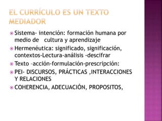  Sistema- intención: formación humana por 
medio de cultura y aprendizaje 
 Hermenéutica: significado, significación, 
contextos-Lectura-análisis -descifrar 
 Texto –acción-formulación-prescripción: 
 PEI- DISCURSOS, PRÁCTICAS ,INTERACCIONES 
Y RELACIONES 
 COHERENCIA, ADECUACIÓN, PROPOSITOS, 
 