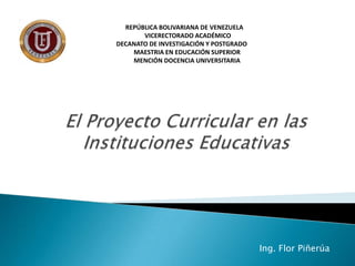 Ing. Flor Piñerúa
REPÚBLICA BOLIVARIANA DE VENEZUELA
VICERECTORADO ACADÉMICO
DECANATO DE INVESTIGACIÓN Y POSTGRADO
MAESTRIA EN EDUCACIÓN SUPERIOR
MENCIÓN DOCENCIA UNIVERSITARIA
 