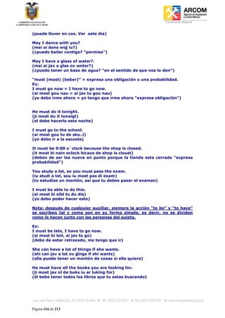 Coordinación Regional
-


(puede llover en cos. Ver este día)

May I dance with you?
(mei ai dans wid iu?)
(¿puedo bailar contigo? “permiso”)

May I have a glass of water?.
(mei ai jav a glas ov woter?)
(¿puedo tener un baso de agua? “en el sentido de que nos lo den”)

“must (most) (beber)” = expresa una obligación o una probabilidad.
Ex:
I must go now = I have to go now.
(ai most gou nau = ai jav tu gou nau)
(yo debo irme ahora = yo tengo que irme ahora “expresa obligación”)


He must do it tonight.
(ji most du it tunaigt)
(el debe hacerlo esta noche)

I must go to the school.
(ai most gou tu de sku..l)
(yo debo ir a la escuela)

It must be 9:00 o´clock because the shop is closed.
(it most bi nain oclock bicaus de shop is cloust)
(deben de ser las nueve en punto porque la tienda esta cerrada “expresa
probabilidad”)

You study a lot, so you must pass the exam.
(iu studi a lot, sou iu most pas di exam)
(tu estudias un montón, así que tu debes pasar el examen)

I must be able to do this.
(ai most bi eibl tu du dis)
(yo debo poder hacer esto)

Nota: después de cualquier auxiliar, siempre la acción “to be” y “to have”
se escriben tal y como son en su forma simple, es decir, no se dividen
como lo hacen junto con las personas del sujeto.

Ex:
I must be late, I have to go now.
(ai most bi leit, ai jav to go)
(debo de estar retrazado, me tengo que ir)

She can have a lot of things if she wants.
(shi can jav a lot ov dings if shi wants)
(ella puede tener un montón de cosas si ella quiere)

He must have all the books you are looking for.
(ji most jav ol de buks iu ar luking for)
(él bebe tener todos los libros que tu estas buscando)




Página 116 de 213
 
