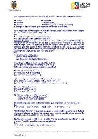 Coordinación Regional
-




Las expresiones que comúnmente se pueden utilizar con este tiempo son:

This day.                       This month.
This week.                       This weekend.
In 2 days.                       Tomorrow (tumowrou) (mañana).
Y cualquier otra oracion que    exprese un futuro inmediato.

Para negación e interrogación en este tiempo, solo se aplica la misma regla
que se aplica con la acción “to be”.
Ex:
I am not going to your house tomorrow.
Are you coming with us this saturday?.
“simple future” = expresa un plan o una acción que probablemente se
realizara en un futuro lejano, es decir, no es seguro que pase o suceda, es
este tiempo solo se pone la persona, luego “will (wil) (el cual es un
palabra que nos ayuda a darle sentido de futuro a una acción)”, y después
una acción en su forma simple, recuerde que “will” es un auxiliar y por eso
la acción no se pluraliza con “he, she o it”.
Ex:
+) I will work next week.
   (ai wil work next wik)
   (yo trabajare la siguiente semana)

He will go to México next month if he is free.
(ji wil gou tu México next mond if ji is fri..)
(el ira a México el siguiente mes si esta libre)

It will eat its food if it wants.
(it wil i..t its fud if it wants)
(comerá su comida si quiere)

-) I won´t go on vacations with you next summer.
(ai wont gou on vakeishions wid iu next somer)
(yo no iré de vacaciones con ustedes el siguiente verano)

She won´t want to do it.
(shi wont want tu du it)
(ella no querrá hacerlo)

?) Will he watch t. v. With his sons?
   (wil ji wotch ti. vi. Wid jis sons?)
   (¿vera el t. v. Con sus hijos?)

Es este tiempo se usan todas las frases que expresen un futuro lejano.
Ex:
Next week,    next month,     next year,    in 5 years, etc.

“continuous future” = expresa un plan o una acción segura en el futuro
remoto o lejano, es decir, es seguro que pase o suceda dicha acción; la
estructura de la oración en este tiempo es:

Cualquier persona + will + be + acción “forma simple, sin pluralizar” + ing
+ when / until + oración en presente simple.
Ex:
+) I will be waiting for you until you arrive.




Página 120 de 213
 
